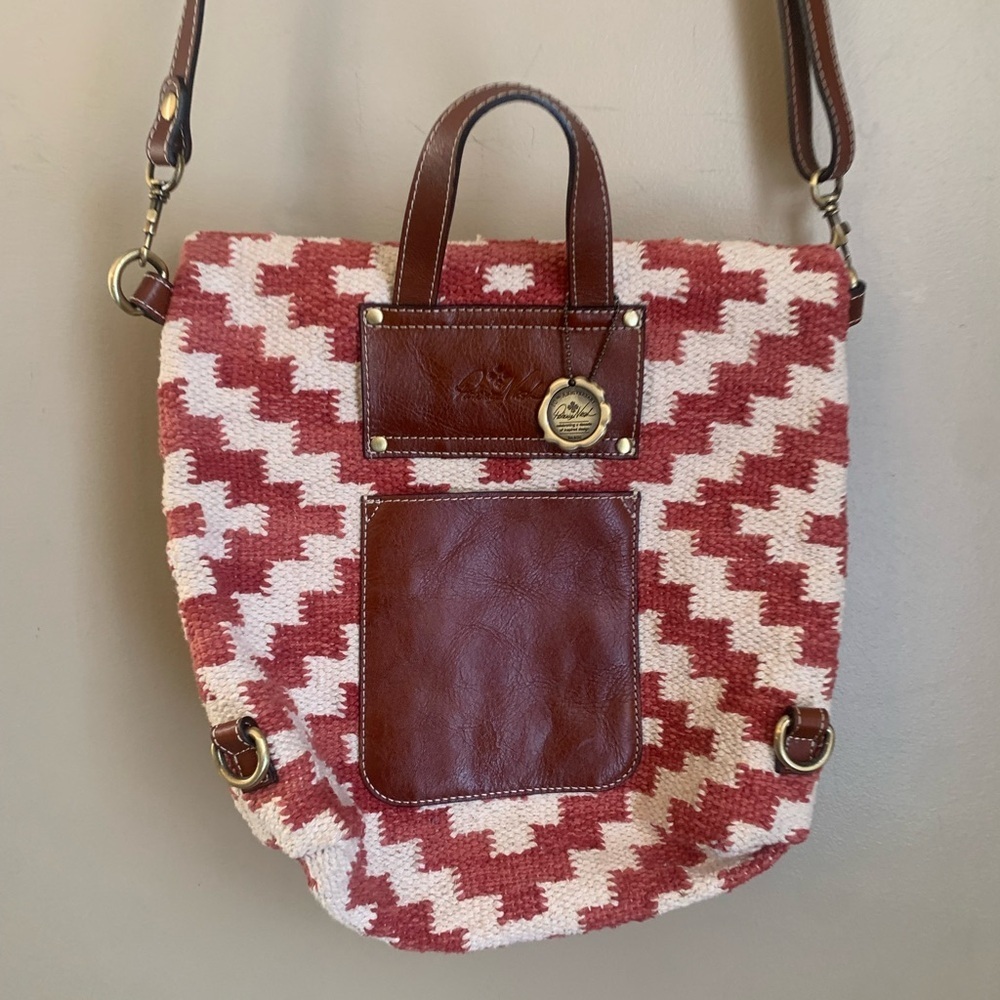 Patricia Nash Woven Casoli Convertible Backpack Papaya Crossbody Leather Trim - Picture 7 of 11
